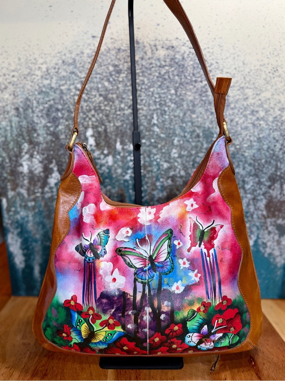 Sharif 1827 Rare Artistic Expressions Hand-Painted Butterfly Leather Bag VGUC - Picture 10 of 13